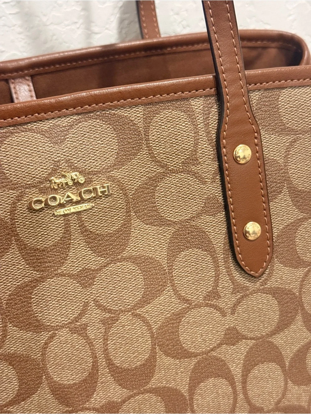 Coach Brown Signature Canvas Tote with Leather Trim